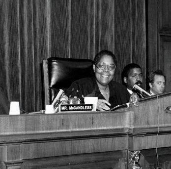 Cardiss Collins chairs a committee hearing in Congress, circa 1985. Photo: UIC Special Collections. 