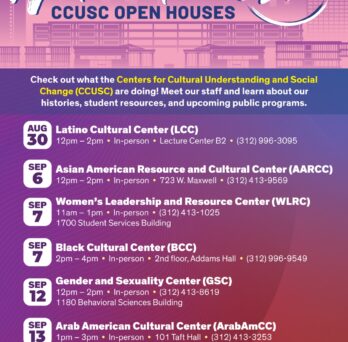 Purple and pink flyer with a stylized 